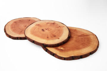Wooden cutting boards isolated on white background. Tree trunk cut for product presentation