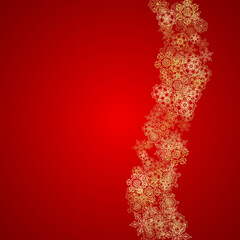 Christmas snowflakes on red background. Glitter frame for seasonal winter banners, gift coupon, voucher, ads, party event. Santa Claus colors with golden Christmas snowflakes. Falling snow for holiday