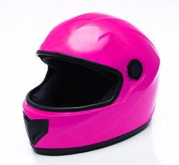 Car helmet in fuchsia color on a white background. Close-up