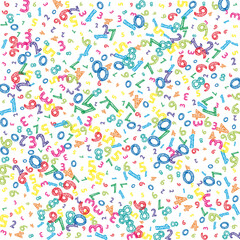 Falling colorful messy numbers. Math study concept with flying digits. Actual back to school mathematics banner on white background. Falling numbers vector illustration.