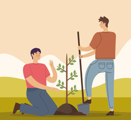ecologists men planting tree scene