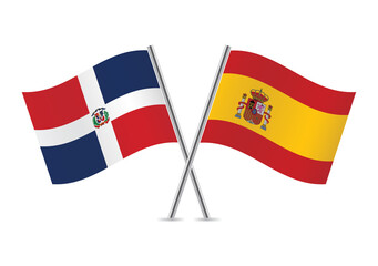 The Dominican Republic and Spain crossed flags. Dominican and Spanish flags on white background. Vector icon set. Vector illustration.