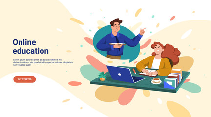 Online distance education web page. Flat student learning at home. Girl studying lesson on laptop with teacher. Pupil character sitting at table with books and listening webinar or training course