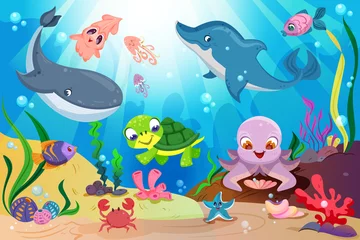 Papier Peint photo Lavable Vie marine Underwater ocean life with cute sea animals, colorful tropical fish, whale, dolphin and coral reef with marine plants. Undersea landscape with funny turtle, octopus, starfish, squid and crab, seaweeds