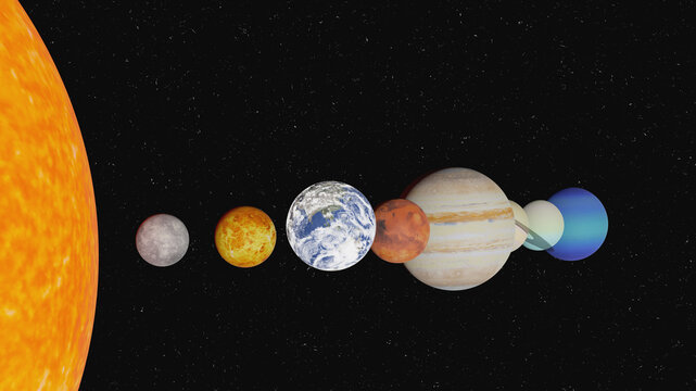 Solar system planets in outer space. Mercury, Venus, Earth, Mars, Jupiter, Saturn, Uranus, Neptune, Pluto. Planetary system concept. Elements of this 3D rendered illustration were furnished by NASA.