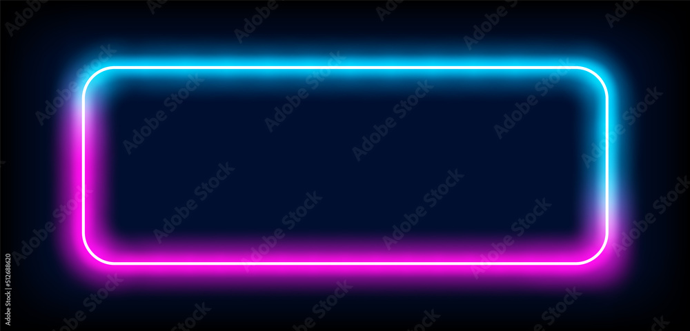 Poster neon light frame box line rectangle background. led neon glow vector shape banner sign square backgr