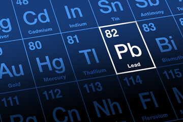 Lead on periodic table. Chemical element with symbol Pb for Latin plumbum, and with atomic number 82. Soft and malleable heavy metal with low melting point. Neurotoxin that damages the nervous system. - obrazy, fototapety, plakaty