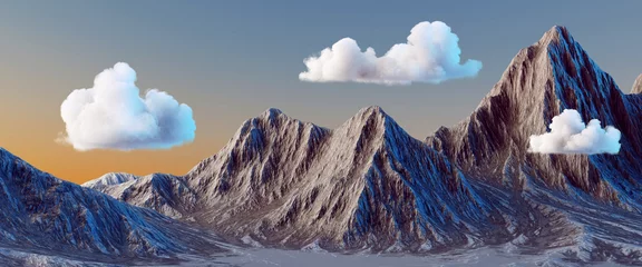 Fototapeten 3D-Rendering, abstrakter Hintergrund. Einfache Landschaft mit Bergen und Wolken. Fantasy-Tapete © wacomka