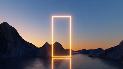 Fotobehang 3D-rendering. Abstract futuristisch behang met zonsondergang of zonsopgang en gloeiend neon rechthoekig portaal. Mystiek landschap met rotsen en reflectie in het water © wacomka