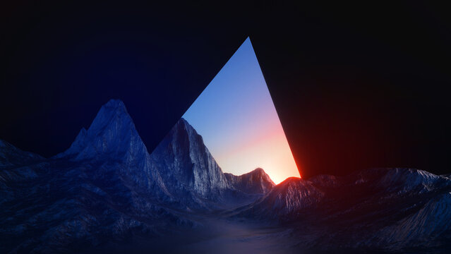 3d render, abstract futuristic landscape, panoramic background. Rocky mountains under the sunset sky, geometric triangular portal. Fantastic aesthetic wallpaper