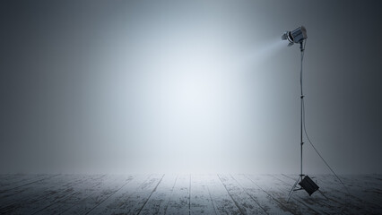 Photo lighting. 3d rendering of a white empty photo studio with a professional light. Free space is empty to place your object, text or logo. Wooden floor. Studio