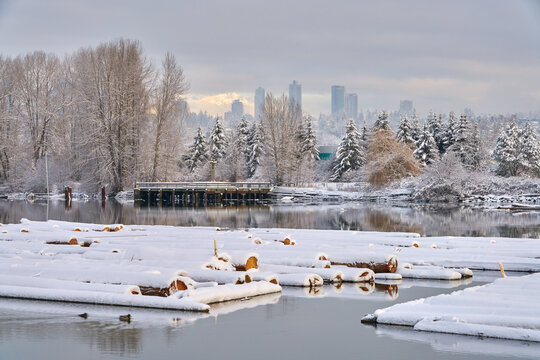 Snow on Log Booms Fraser River. Log booms under snow on the Fraser River. Vancouver, British Columbia, Canada.

