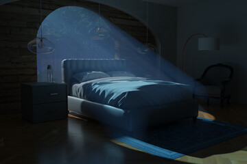 3d rendering of vintage bedroom with light rays and cozy box-spring bed at night