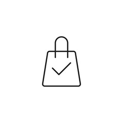 Shopping, sell and purchase concept. Vector signs in flat style. Suitable for adverts, web sites, articles. Editable stroke. Line icon of check mark on shopping bag