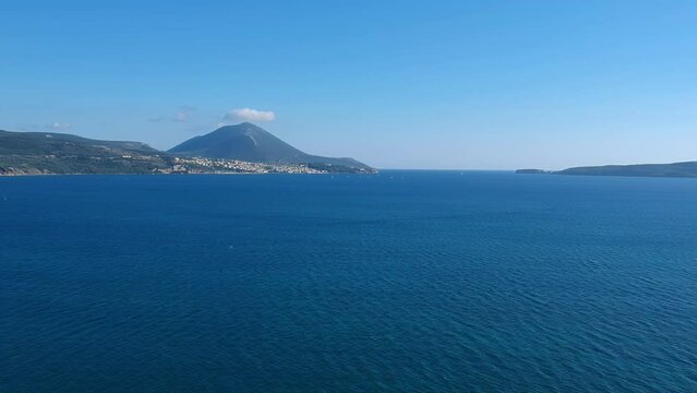Panoramic aerial view over Divari beach near Navarino bay, Gialova. It is one of the best beaches in mediterranean Europe. Beautiful lagoon near Voidokilia from a high point of view, Messinia, Greece