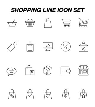 Shopping, sell and purchase concept. Vector signs in flat style. Line icon set with symbols of shopping cart, bag, price, percent, signboard, wallet, store, delivery, shop