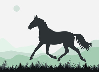 isolated silhouette of a running young horse against a landscape background
