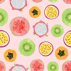 Seamless tropical fruit pattern with watercolor kiwi, papaya, guava slices. Food vector background	