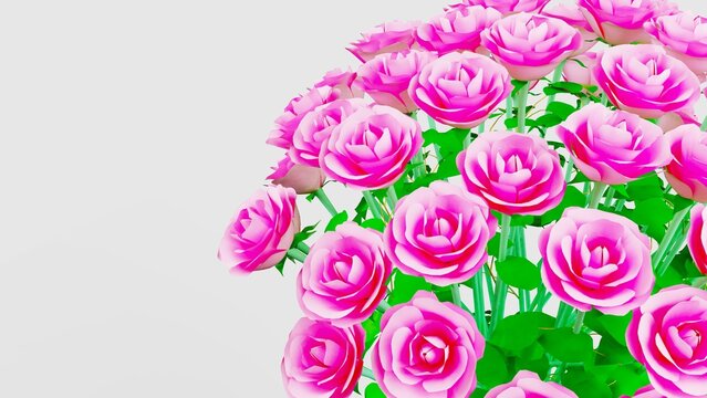 Pink rose with small green leaves under white background. Concept image of happy Invitation and reception sign. 3D high quality rendering. 3D illustration. High resolution.