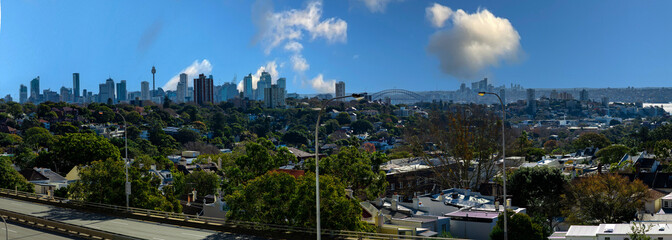 Panorama view of Sydney CBD and Sydney Harbour. Distant view of High-rise office towers and high-rise apartment buildings. Suburban Sydney Suburbs in the foreground NSW Australia  