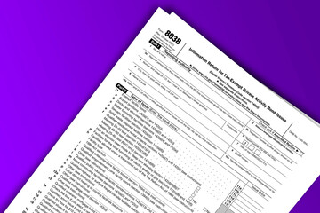 Form 8038 documentation published IRS USA 44206. American tax document on colored