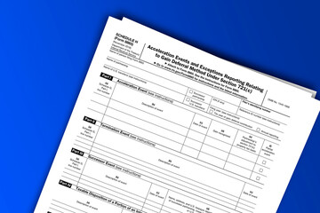 Obraz premium Form 8865 (Schedule H) documentation published IRS USA 12.20.2018. American tax document on colored