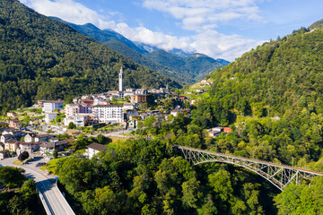 Scenic aerial view of Swiss hamlet of Intragna in Centovalli valley in Alpine highlands in...