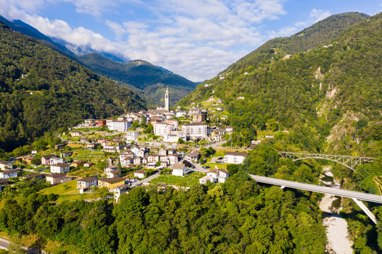 Picturesque summer view from drone of alpine township of Intragna surrounded by green Alps, canton of Ticino, Switzerland.