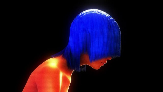 Futuristic Blue Hair Girl Hologram 4k. High quality 4k footage