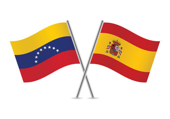 Venezuela and Spain crossed flags. Venezuelan and Spanish flags on white background. Vector icon set. Vector illustration.
