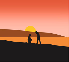 Silhouette Gay couple engagement at seaside during sunset on the beach, man in love making proposal to boyfriend. LGBTQ Pride, homosexual characters, Romantic relationships.