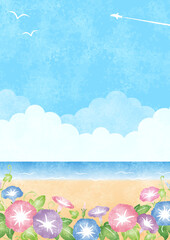 Fototapeta na wymiar 朝顔と海と空の手描き水彩背景