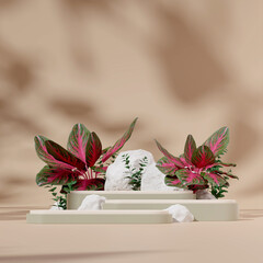 3D render mockup green and white podium in square with white rocks and red chinese evergreen