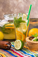 Summer healthy lemonade, citrus water or mojito cocktails, with lime, lemon, orange, ice and mint,