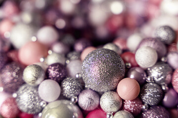 Glitter silver, pink and purple glass baubles, Christmas ball decoration bg