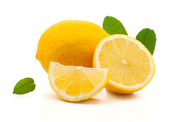lemon fruit and half slice with leaves on white background.