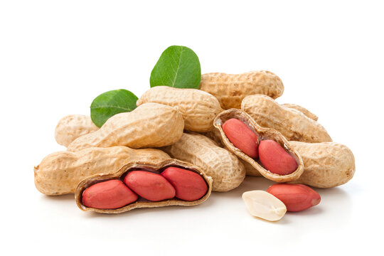 group of peanuts with leaves isolated on white background.