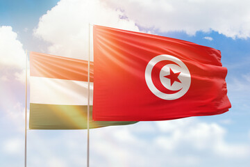 Sunny blue sky and flags of tunisia and hungary