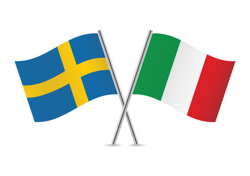 Sweden and Italy crossed flags. Swedish and Italian flags on white background. Vector icon set. Vector illustration.