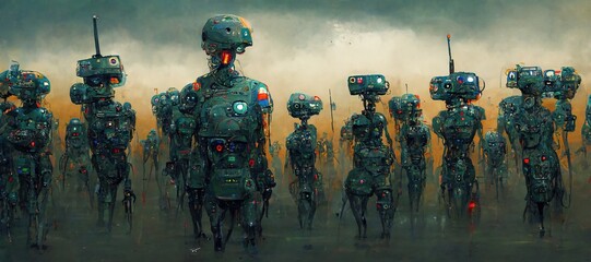 Military artificial intelligence arms race to produce an AI enabled army with autonomous robot soldiers and weapon systems, conceptual illustration - obrazy, fototapety, plakaty