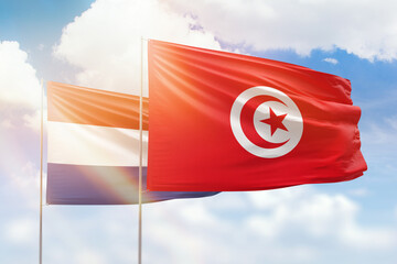 Sunny blue sky and flags of tunisia and netherlands