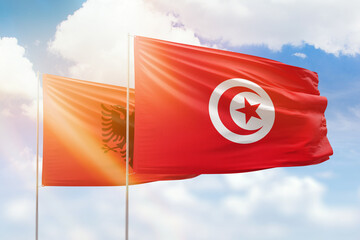 Sunny blue sky and flags of tunisia and albania