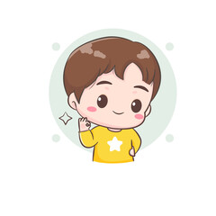 Cute boy poses OK hand sign. Chibi cartoon character. Vector flat illustration
