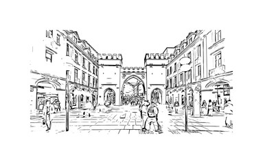 Building view with landmark of Munich is the 
city in Germany. Hand drawn sketch illustration in vector.