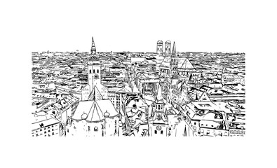 Building view with landmark of Munich is the 
city in Germany. Hand drawn sketch illustration in vector.