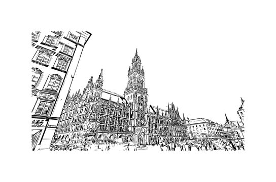 Building view with landmark of Munich is the 
city in Germany. Hand drawn sketch illustration in vector.