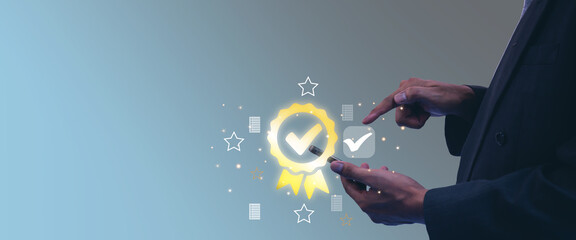 Businessman using the phone to check documents, the symbol of excellent service, standards, quality...