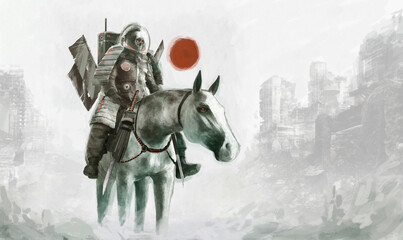 Naklejka premium Samurai warrior with a skull face riding a horse with a ruined cityscape in the background.