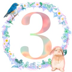 数字の3と四葉のクローバーとシロツメクサの水彩画風フラワーリースとコマドとシマリスのイラスト	