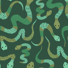 Jungle green snake seamless vector pattern. Fun, playful, flat style illustration of tropical snakes. Repeat print for backgrounds, backdrops, textiles, wallpaper.
